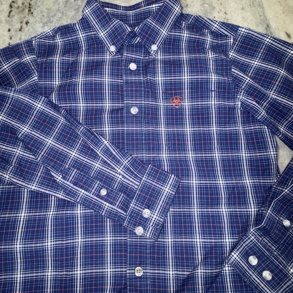 Ariat Pro Series Youth Boys Sz Small 8 Blue Plaid Button Down Western Shirt